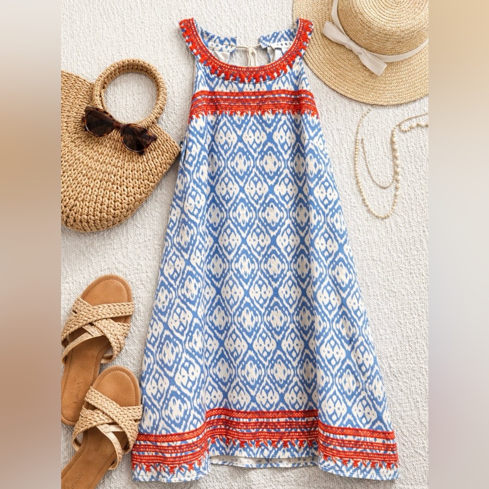 THML Boho Embroidered Ikat Dress Anthropologie Style Tassel Back Small